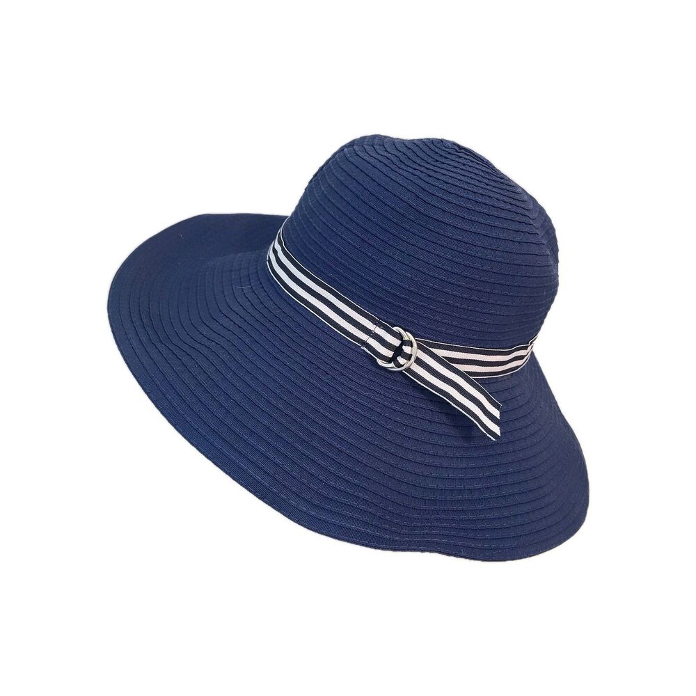 Chaps Navy Blue Wide Brim Floppy Sun Hat Striped Band Packable Beach Summer NWT